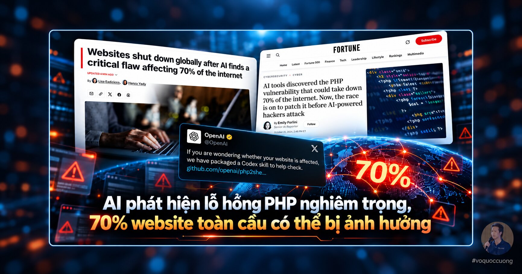 Ảnh ghép các bài báo CNN, Fortune và bài đăng của OpenAI về lỗ hổng PHP do AI phát hiện, dòng chữ AI phát hiện lỗ hổng PHP nghiêm trọng, 70% website toàn cầu có thể bị ảnh hưởng