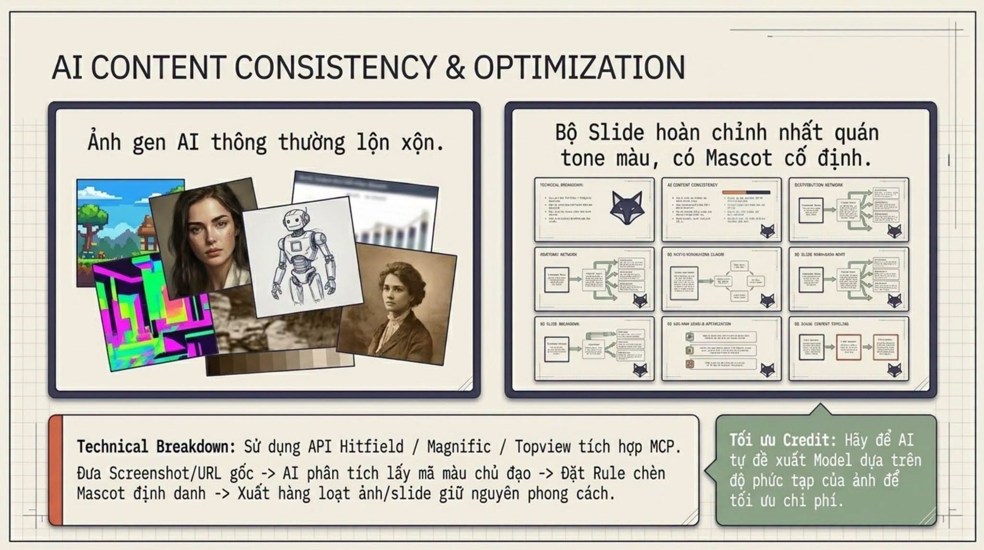 Slide AI Content Consistency and Optimization: bên trái là ảnh AI gen thông thường lộn xộn đủ phong cách, bên phải là bộ slide hoàn chỉnh nhất quán tone màu và có mascot cáo cố định