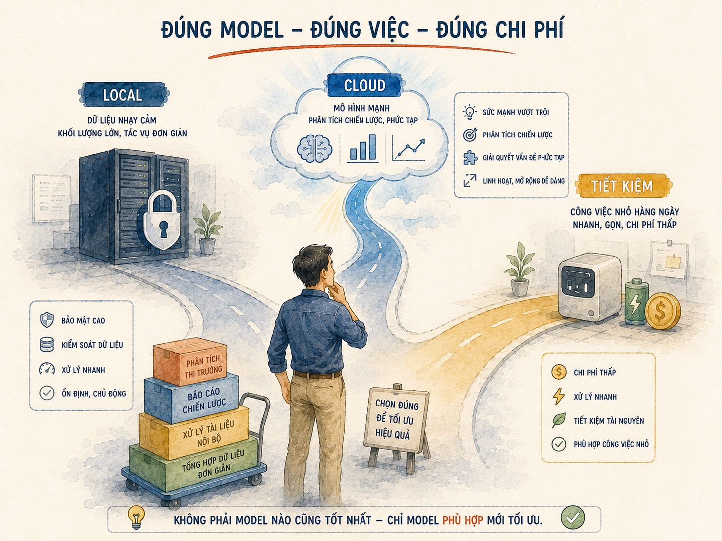 Minh hoạ màu nước: một người đứng trước ba ngả đường, một ngả là Local bảo mật, một ngả là Cloud mô hình mạnh, một ngả là model tiết kiệm