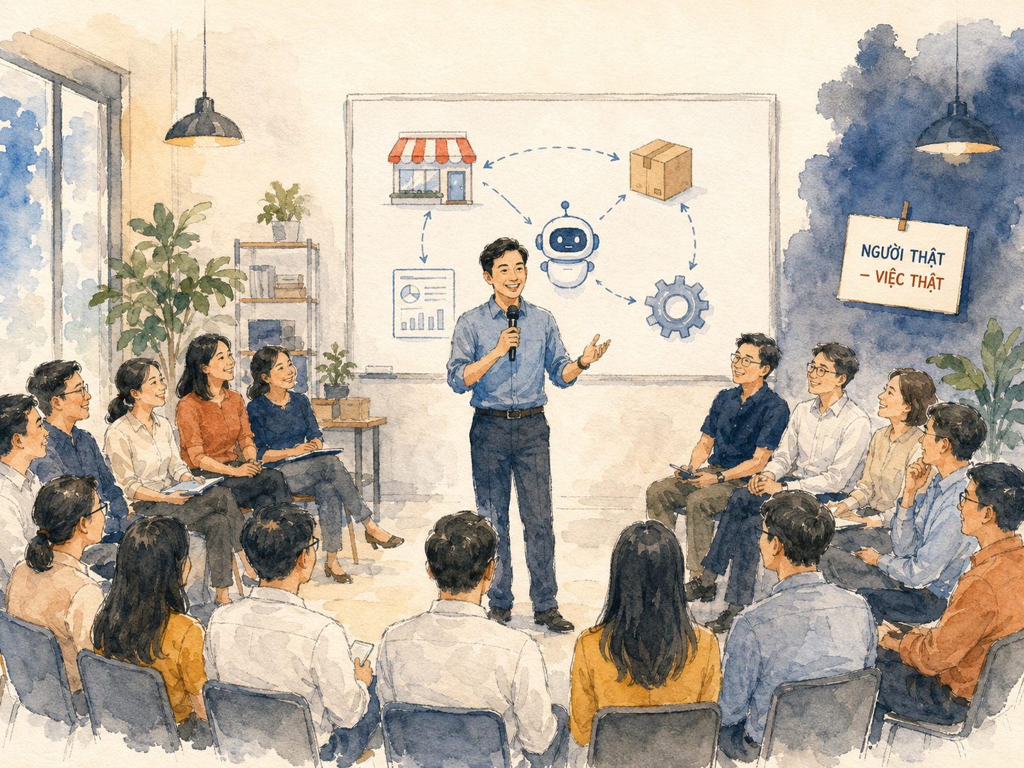 Minh hoạ màu nước: người dẫn chương trình đứng giữa vòng tròn khán giả, trên tường có bảng ghi Người thật, Việc thật