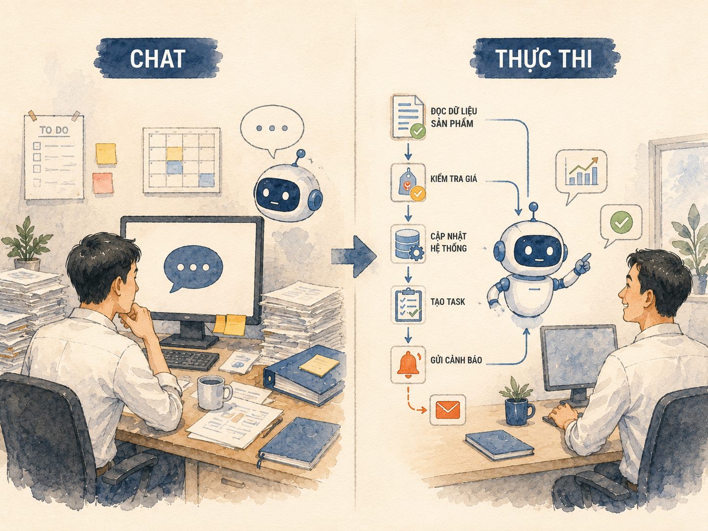 Minh hoạ màu nước: bên trái một người ngồi chat với AI, bên phải AI tự chạy chuỗi việc đọc dữ liệu, kiểm tra giá, cập nhật hệ thống, tạo task, gửi cảnh báo