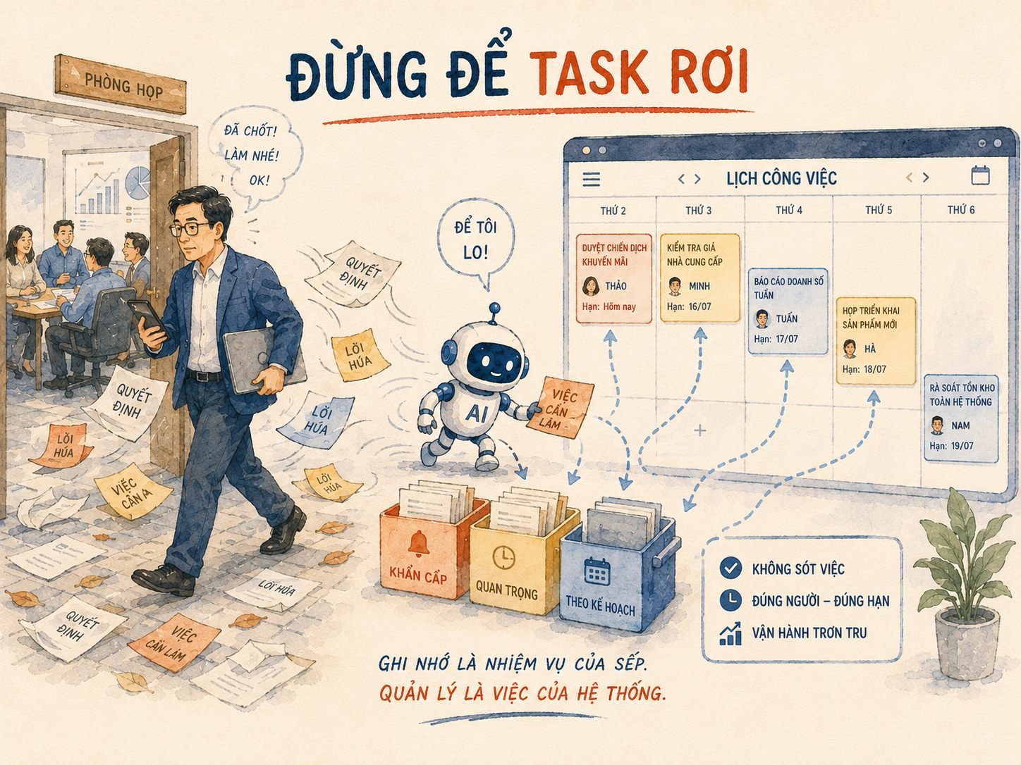 Minh hoạ màu nước: một người bước ra khỏi phòng họp làm rơi vãi các mẩu giấy ghi quyết định, một trợ lý AI nhặt lại và xếp vào lịch công việc theo ngày